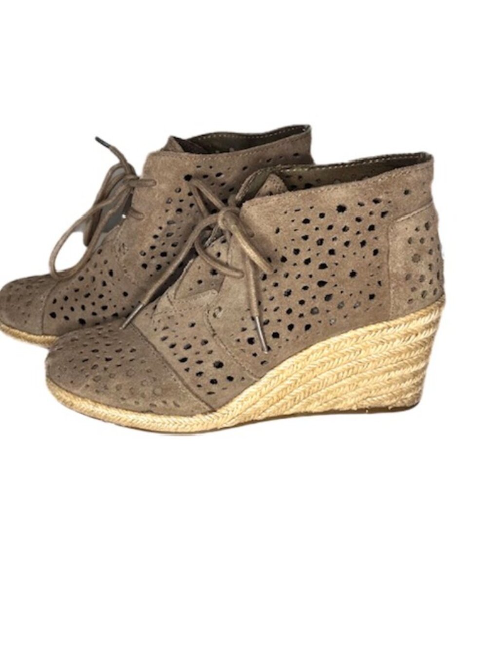 Toms Moroccan Suede Lace Up Espadrille Desert Wedge Booty Taupe Size 6